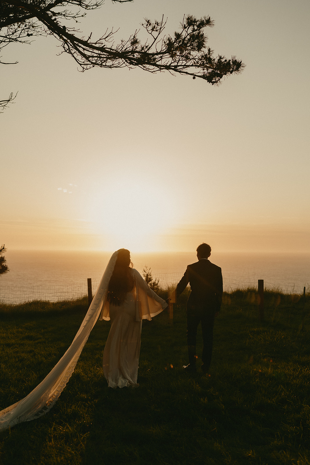 Bride and groom framed by golden light as they walk into a quiet Whidbey Island sunset.