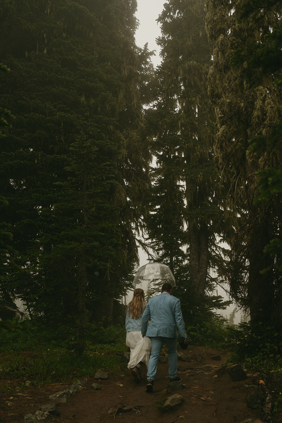 Couple walking hand-in-hand through a forest trail, surrounded by tall evergreens and soft mist in Mount Rainier National Park.