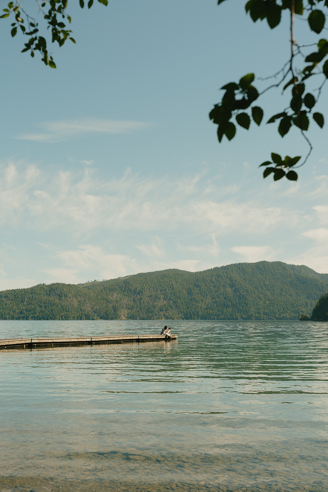 A wide, peaceful view of a lake with a long wooden dock extending into the still water, framed by distant mountains and tree branches.