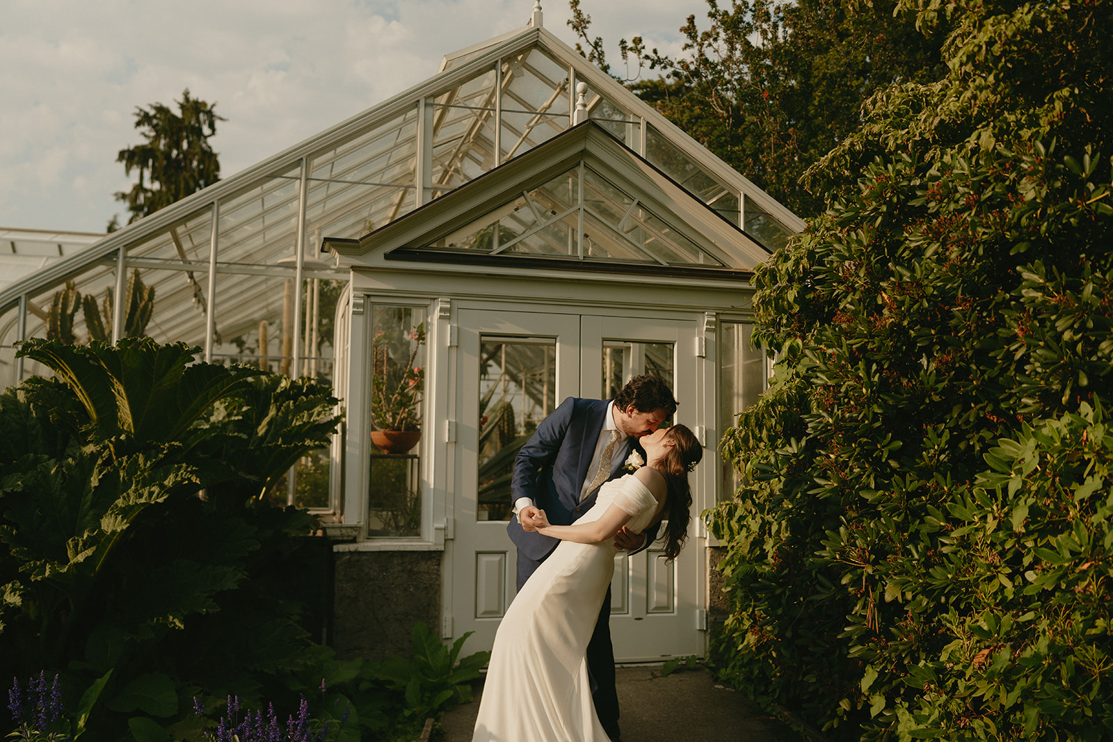 Groom dips the bride for a romantic kiss in golden light outside a historic greenhouse, surrounded by overgrown foliage.