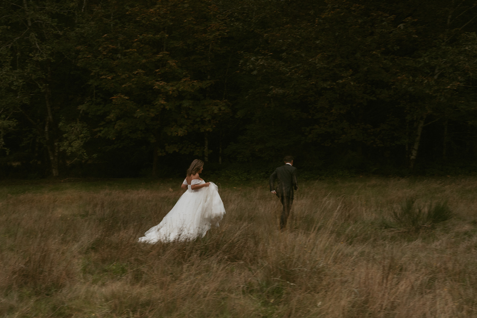 The bride follows her groom through a quiet, moody meadow, surrounded by tall grasses and dark forest edge.