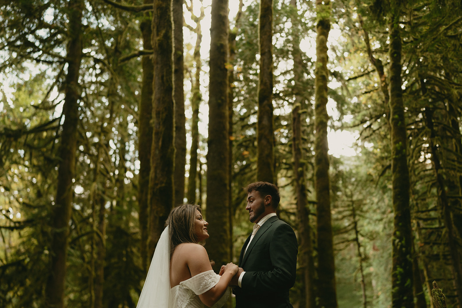 The bride and groom hold hands and gaze at one another in the middle of a sun-dappled forest, wrapped in the stillness of their Olympic National Park elopement.
