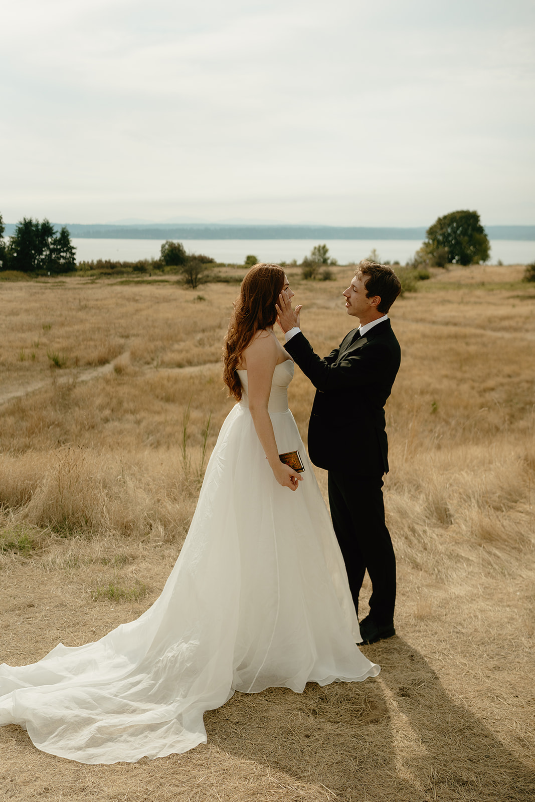 Newlyweds share a quiet moment in a sunlit field overlooking the Puget Sound, surrounded by soft golden tones.