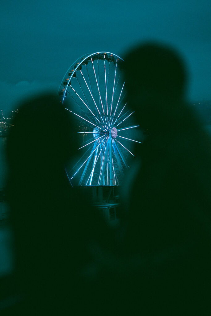 A cinematic couple overlooking the view at the Seattle waterfront ferris wheel