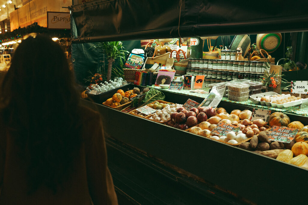 A cinematic view of the fresh produce at Pike Place Market in Seattle