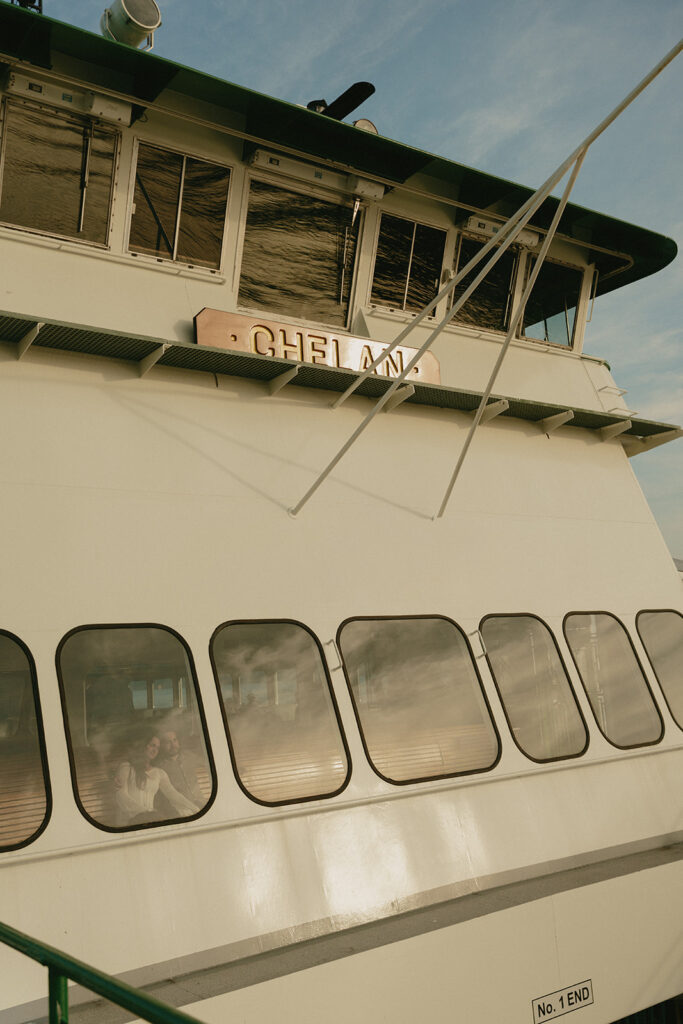 Washington State ferry named "Chelan" illuminating during golden hour in the San Juan Islands